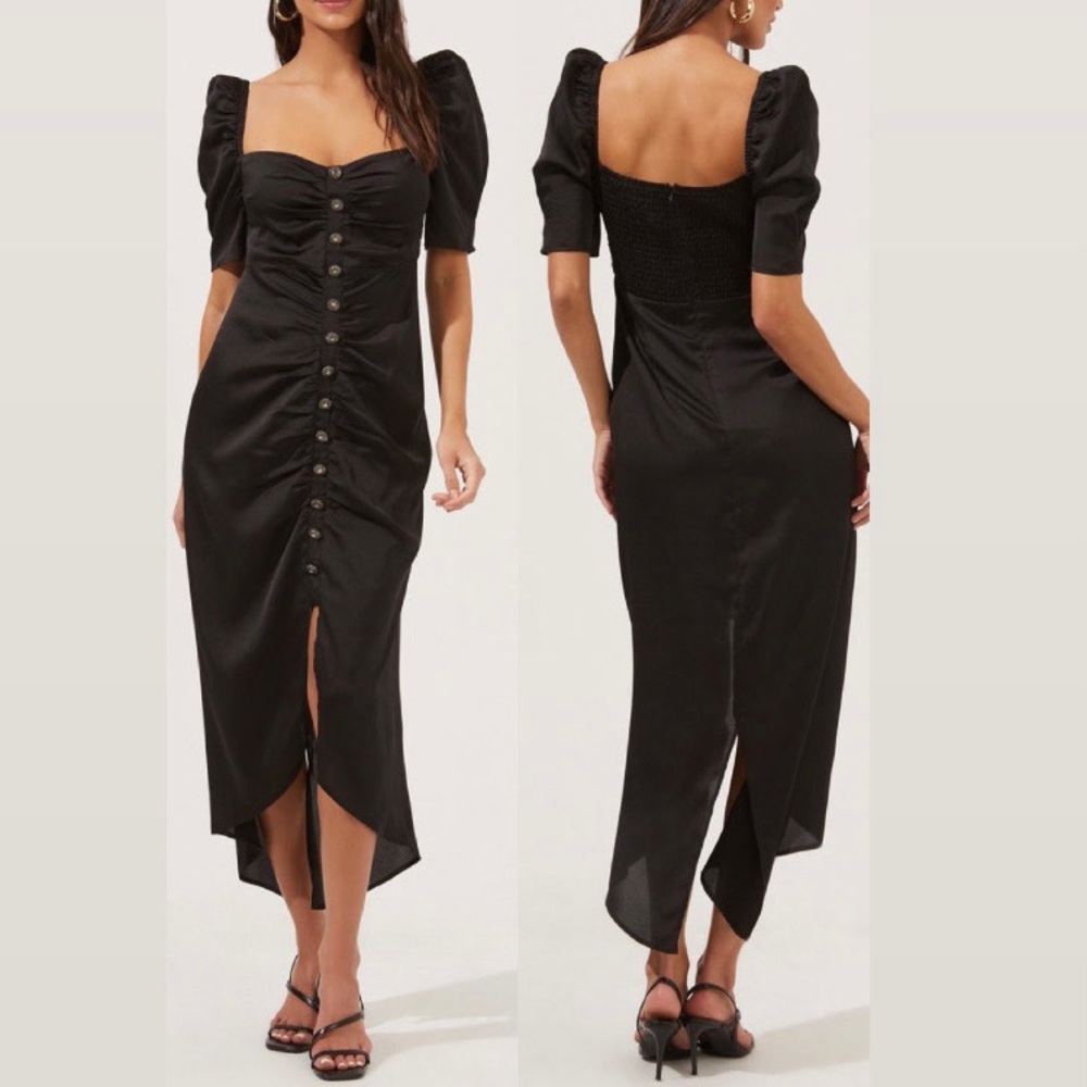 ASTR Austen Elegant Puff Sleeve Black Midi Dress with Crystal Buttons
